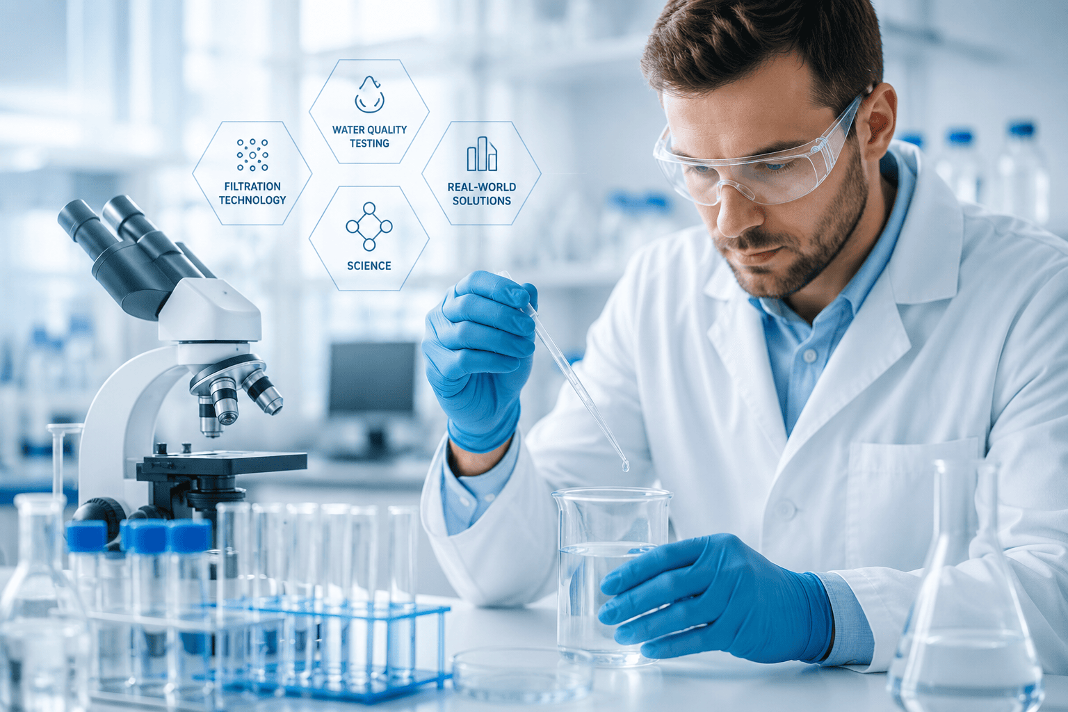 Scientist testing water in a laboratory to understand water chemistry and filtration performance